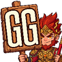 Warrior in red armor holding a wooden sign that says GG.