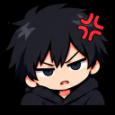 Anime boy with messy black hair and a red vein symbol on his forehead looking annoyed.