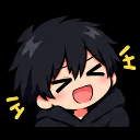 Anime boy with dark hair laughing with closed eyes and a wide open mouth.