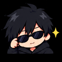 Anime boy with black hair and a black hoodie adjusting his sunglasses with a smug expression and a yellow sparkle icon nearb…