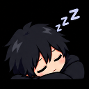 A cartoon anime boy with black hair sleeping with his head on his arms and zzz symbols floating above.