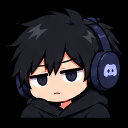 Anime boy with messy black hair and a black hoodie looking bored while wearing blue headphones.