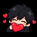 Anime boy with black hair blushing and hugging a large red heart with small hearts floating around him.