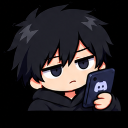 Anime boy with messy black hair looking at a smartphone with a bored and unimpressed expression.