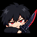 A chibi anime boy with black hair and red eyes holding a dark sword with a red edge.