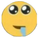 Yellow smiley face with large glossy eyes and a blue drop of drool coming from its mouth.