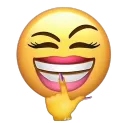 A yellow smiley face with a mischievous grin holding a finger to its lips.