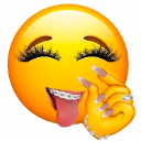 A yellow smiley face with long eyelashes, metal braces, and a hand making a pinch gesture.