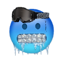A blue smiley face wearing black ski goggles and a diamond grill with icicles hanging from its mouth.