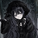 Gothic anime girl with long black hair and a dark hooded cloak looking downward with a somber expression.