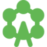 Green geometric icon with a central triangle surrounded by six circular nodes.