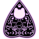 Planchette shaped like a cat head with a crystal ball icon and moon phases in purple and black.