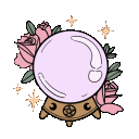 Crystal ball sitting on a stand with a pentagram, surrounded by pink roses and sparkling stars.