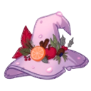 A light purple pointed witch hat decorated with an orange slice, red berries, and green leaves.