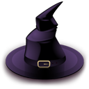 Witch hat with a gold buckle and purple fabric.