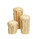 Three cream-colored wax candles standing together with realistic melting wax dripping down their sides.