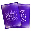 Two purple tarot cards featuring white line-art of a glowing eye and a crescent moon with stars.