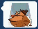 An orange bird wearing a hat and bowtie wiggles its tail feathers in a rhythmic dance.
