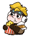 A cartoon character with blonde hair and goggles eating popcorn from a striped bucket.