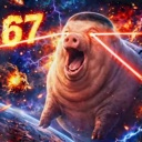 A pig with glowing red laser eyes floating in a vibrant space background with explosions and the number 67 visible.