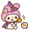A cute bunny wearing a purple witch hat and cape waves a star-tipped wand next to a small smiling ghost.