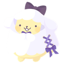 A cute white ghost character with a purple bow and lace-up accents smiling.