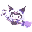 Kuromi dressed as a witch flying on a purple broomstick.