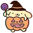 A cute puppy wearing a brown witch hat holds a carved orange pumpkin and a purple lollipop.