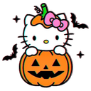 A white cartoon cat with a pink bow sits inside a carved orange pumpkin with a spooky face.