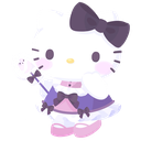 A white cat character wearing a purple dress and bow, holding a small wand.