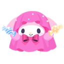 My Melody character wearing a pink cloak and holding two pieces of candy.