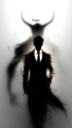 A man in a suit stands in the foreground while a large, horned shadow looms directly behind him.