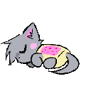 A gray kitten with a pink blanket sleeping peacefully.