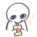 A simple white doodle character with a happy expression drinking from a cup with a straw.