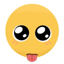 A yellow circular smiley face with large, glossy black eyes and a small pink tongue sticking out.