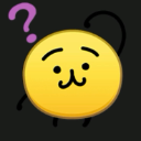 Yellow round character with a cat-like mouth and a purple question mark floating above its head.