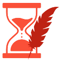 Hourglass and quill pen in red flat style.