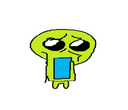 A lime-green alien creature with large black eyes looking shocked and confused.
