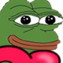 Pepe the Frog smiling while holding a large red heart against his chest.