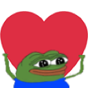A green frog character holding a large red heart above its head with a gentle smile.
