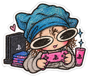 Gamer girl wearing a blue beanie and large sunglasses holds a pink game controller while sitting in front of a console.
