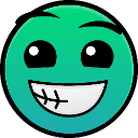 Green circular face with black eyes and a wide grin featuring black stitches across the mouth.