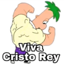 A cartoon character with green hair flexes their large muscles above the text Viva Cristo Rey.