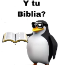 A penguin wearing sunglasses holds an open book with the Spanish text Y tu Biblia? written above it.