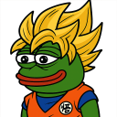 Pepe the Frog with spiky blonde Super Saiyan hair wearing an orange martial arts gi.