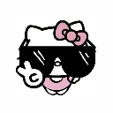 White cat with a pink bow wearing black sunglasses and holding up a peace sign.