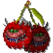 Two red, spherical monsters with sharp fangs and green stems resembling a pair of cherries.