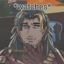 Anime man with a goatee resting his chin on his hand while looking at the viewer with a skeptical expression.