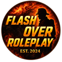 A circular logo with a silhouette of a person in a hat against a background of bright orange flames with text reading Flash …