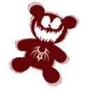 Teddy bear with a wide, jagged, toothy grin and a spider symbol on its chest, rendered in dark red.